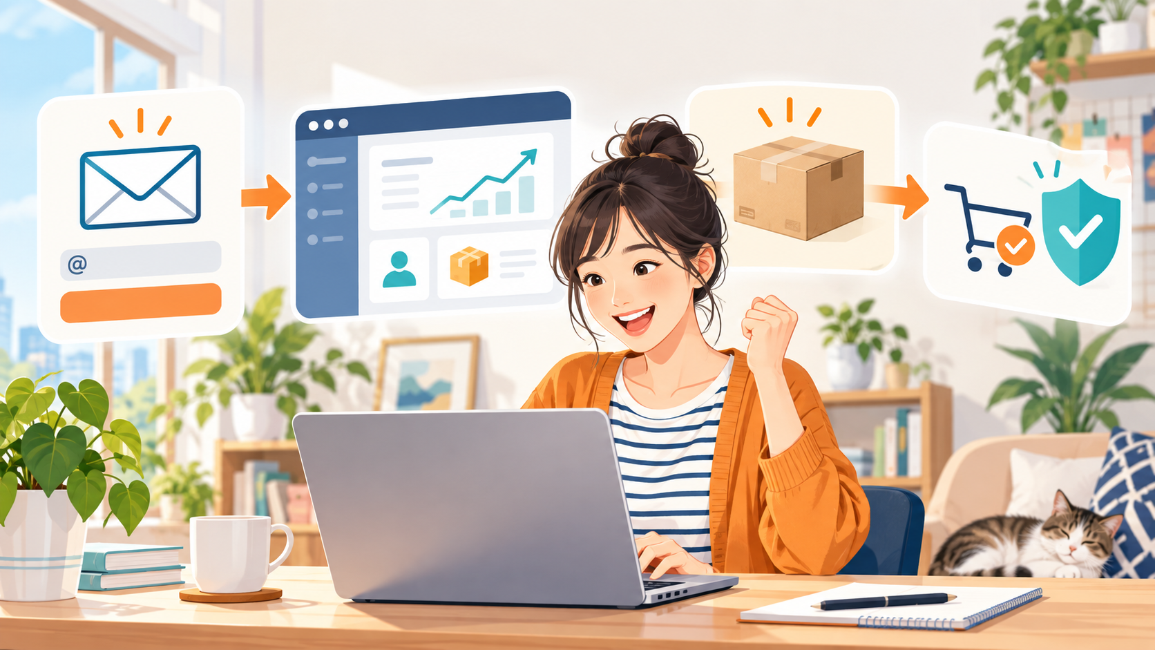 systeme.ioの無料登録から初回販売までの流れを示すイラスト
